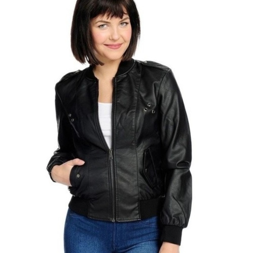 Kate & Mallory Long Sleeve black Faux Leather Bomber Jacket size 1X
